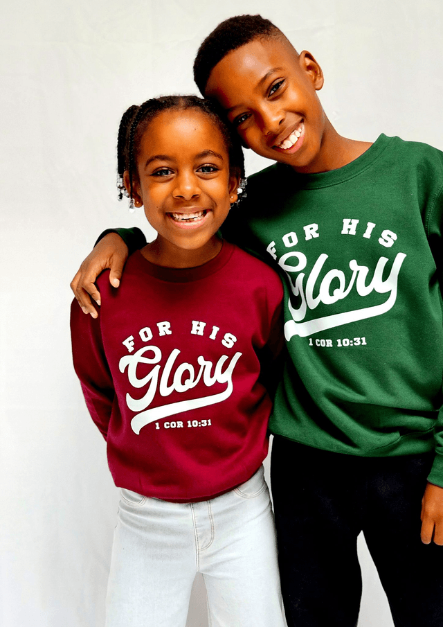 For His Glory Bottle Green College Sweatshirt -  1 Cor 10:31 [KIDS]