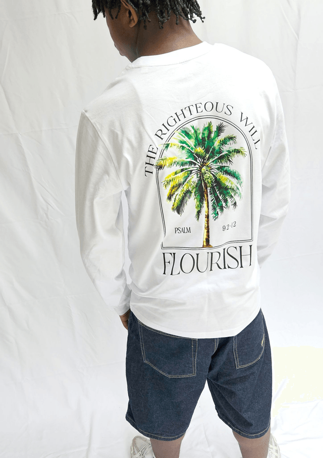 Long Sleeve Palm Tree Tee - Psalm 92:12 [White]