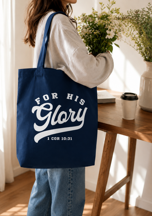 For His Glory Navy Tote Bag | 1 Corinthians 10:31